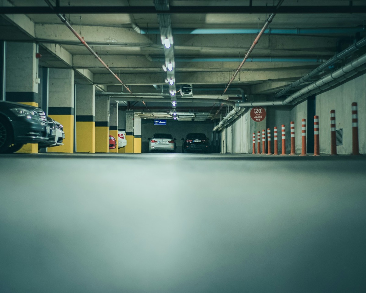 Indoor parking level with marked parking spaces